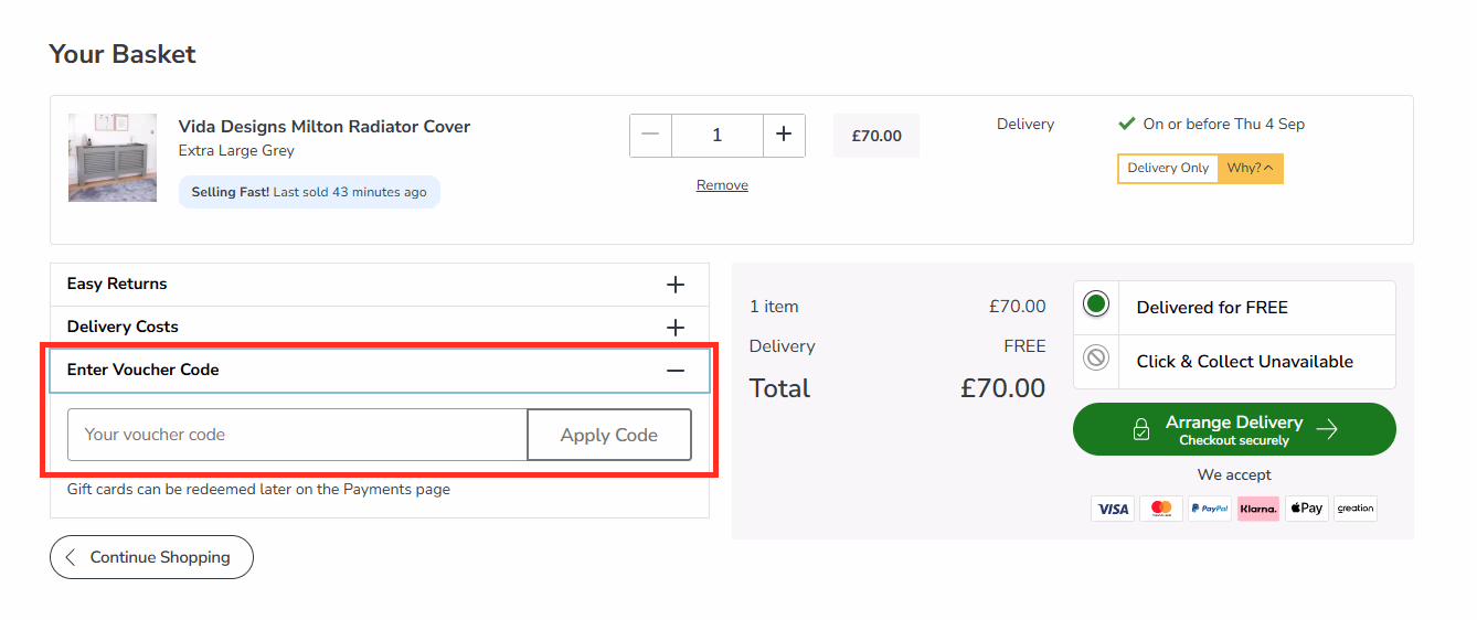 Dunelm basket page with voucher code field open, showing where to paste and apply a promo code.