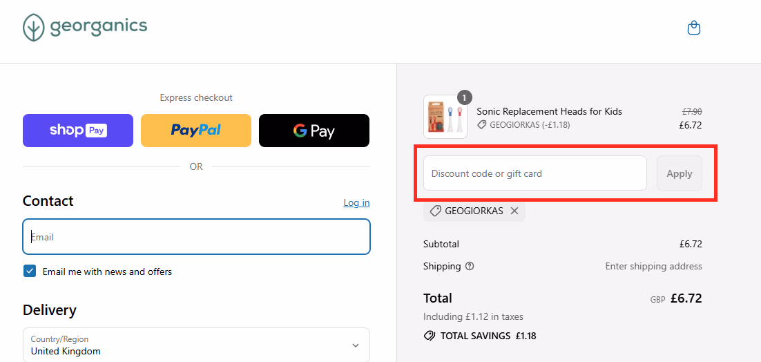 Georganics checkout page and red box for discount code.