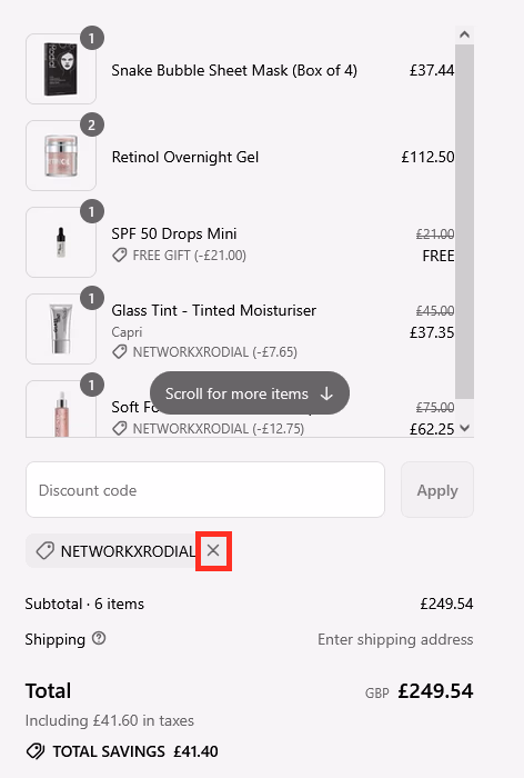 Rodial shopping cart with active discount code NETWORKXRODIAL and an X button to remove the discount.